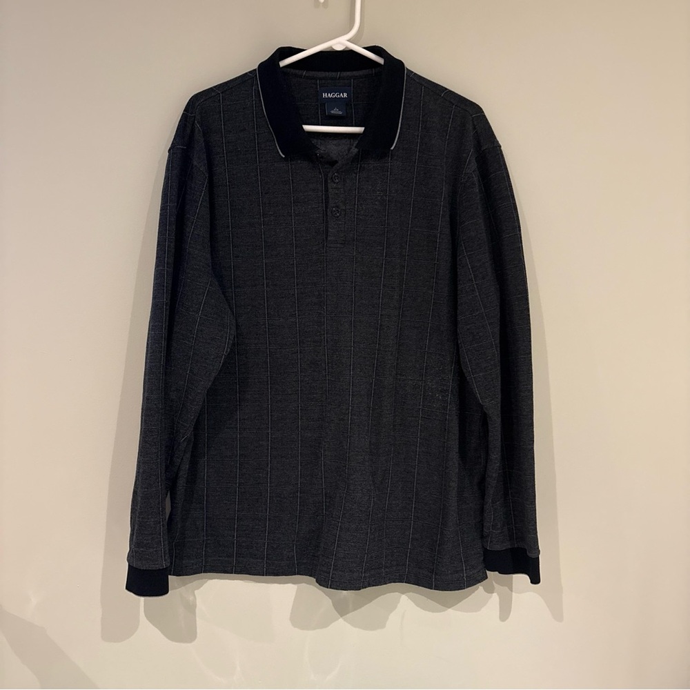 Haggar Men's Charcoal Pinstripe Long-Sleeve Polo